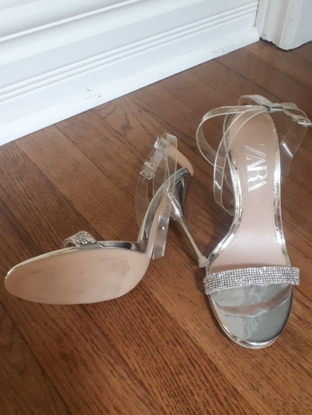 New ZARA Clear-Strap Silver Heeled Sandals with Crystal Band - Picture 2 of 5